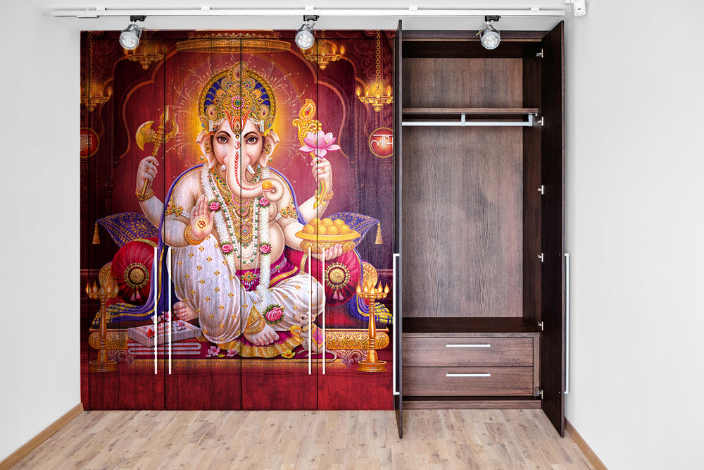 Ganpati Blessed With Laddu Painting Self Adhesive Sticker For Wardrobe