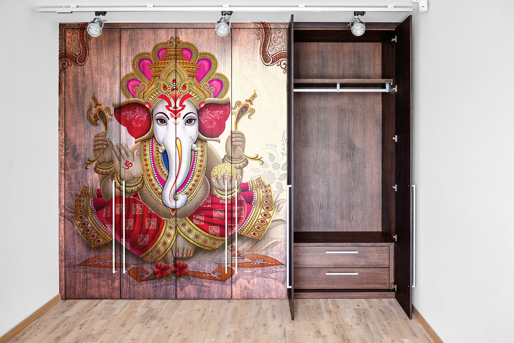 Pink And Golden Lord Ganesh Painting Self Adhesive Sticker For Wardrobe
