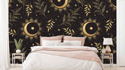 Golden Moon Leaves Black Background Abstract Wallpaper