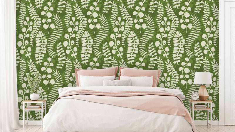 White Green Leaf Pattern Wallpaper