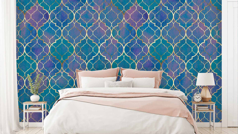 Shades of Blue on Golden Pattern Wallpaper