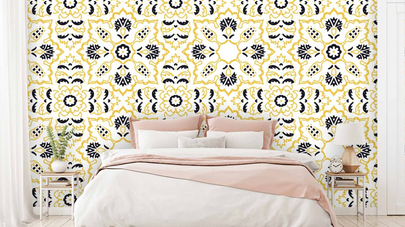 Yellow Black Floral Pattern Wallpaper