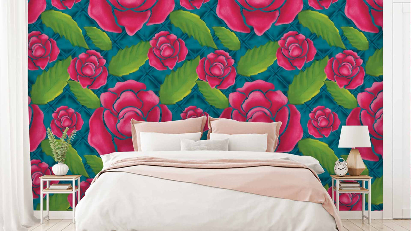 Pink Rose Green Blue Background Wallpaper
