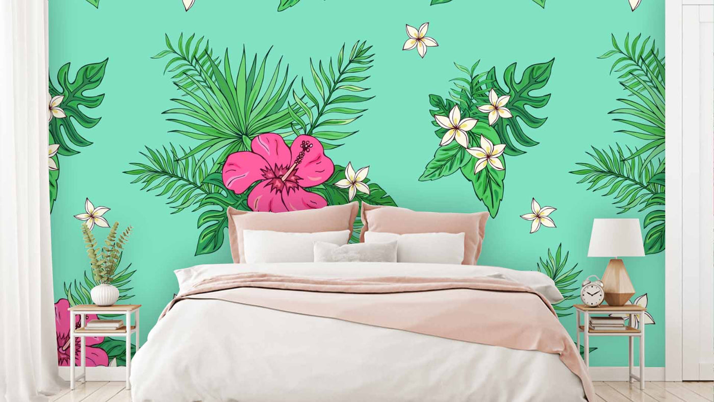 Pink Hibiscus Floral Blue Background Wallpaper