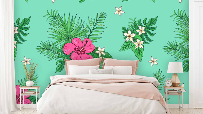 Pink Hibiscus Floral Blue Background Wallpaper