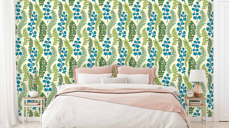 Green Blue Leaf Pattern With White Background Wallpaper