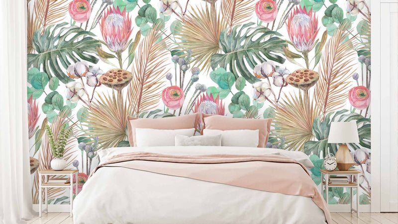 Tropical Floral White Background Wallpaper