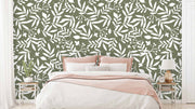 White Leaves Sage Green Background Abstract Wallpaper