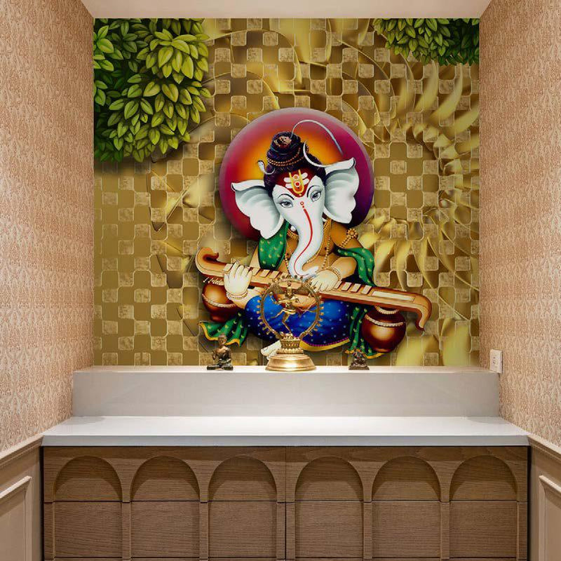 Blissful Ganpati Blessings Pooja Room Wallpaper