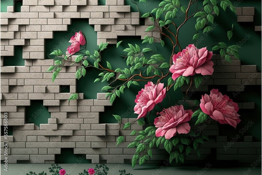 Blossom Bloom Floral Brick Wallpaper