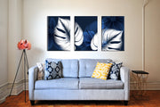 White And Blue Abstract Leaves Wall Art, Set Of 3