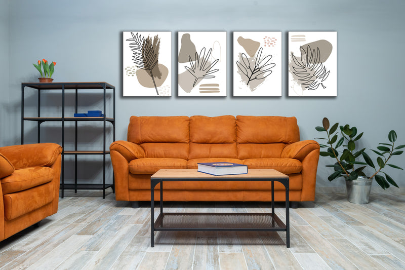 Foliage Line Drawings On Grey Tones, Set Of 4