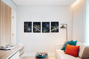 Gold And Blue Floral Line Art, Set Of 4