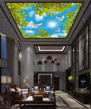 Sky White Pigeon Leaves Ceiling Wallpaper