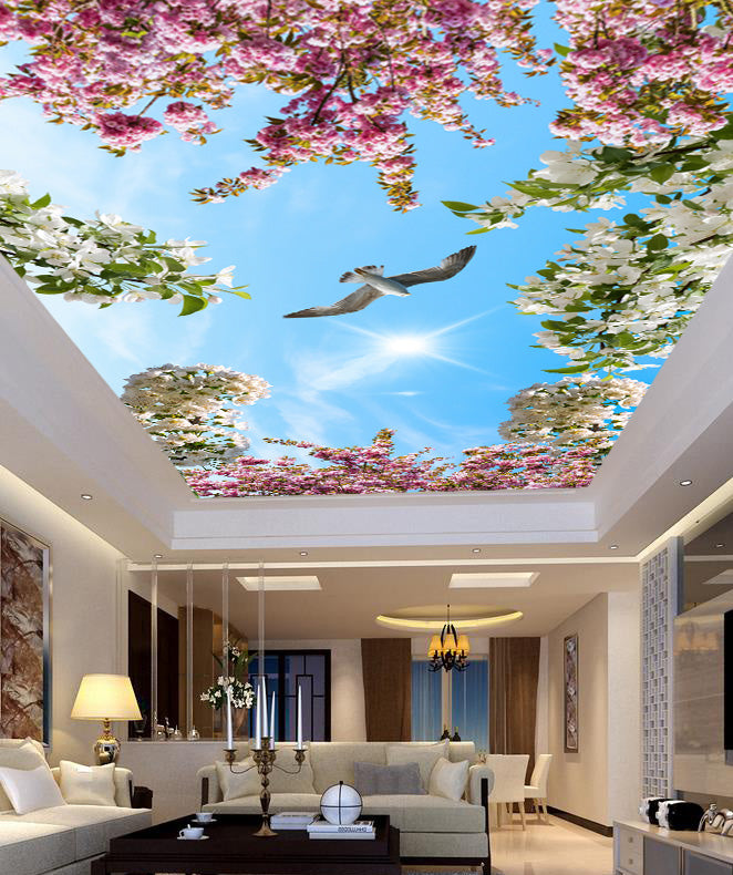 Pink White Floral Bird Sky Ceiling Wallpaper