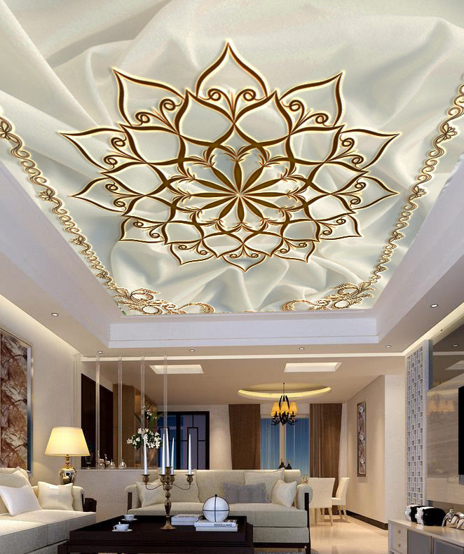 Golden Floral Design Ceiling Wallpaper