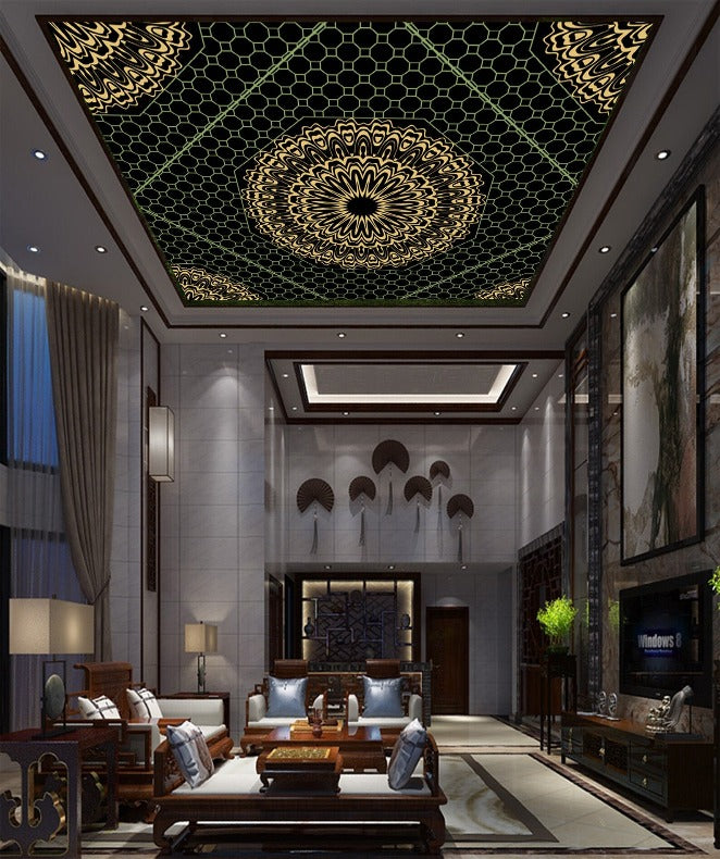 Mandala Art Golden Green Ceiling Wallpaper
