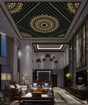 Mandala Art Golden Green Ceiling Wallpaper