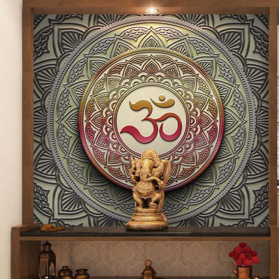 Colourful Om In Classic Pattern Pooja Room Wallpaper