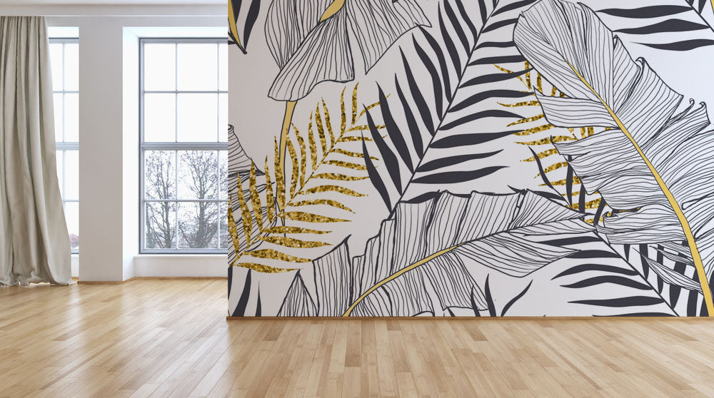 White Gold Black Leaves Tropical Wallpaper