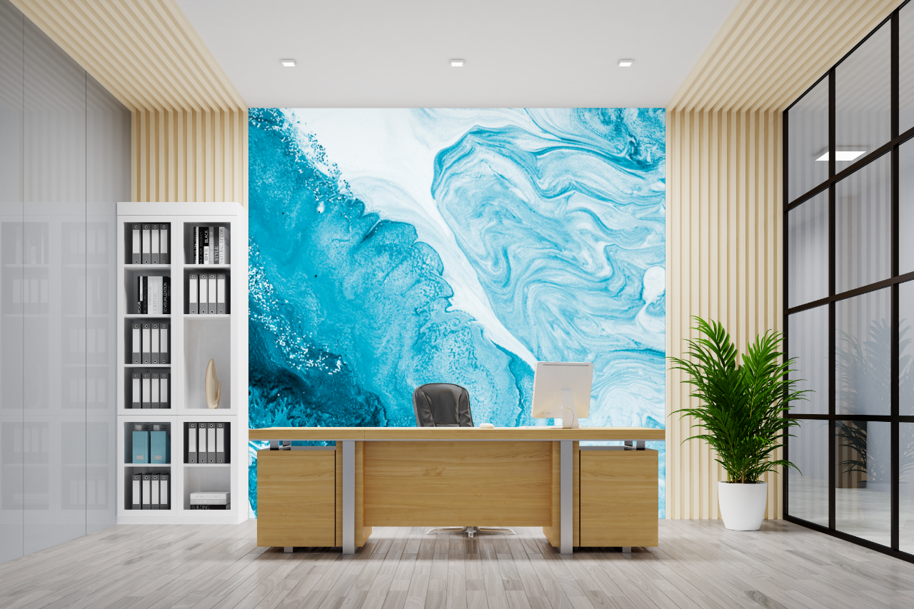 Blue with Golden Lines Marble Effect Wallpaper