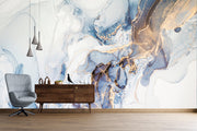 White Blue Golden Marble Effect Wallpaper