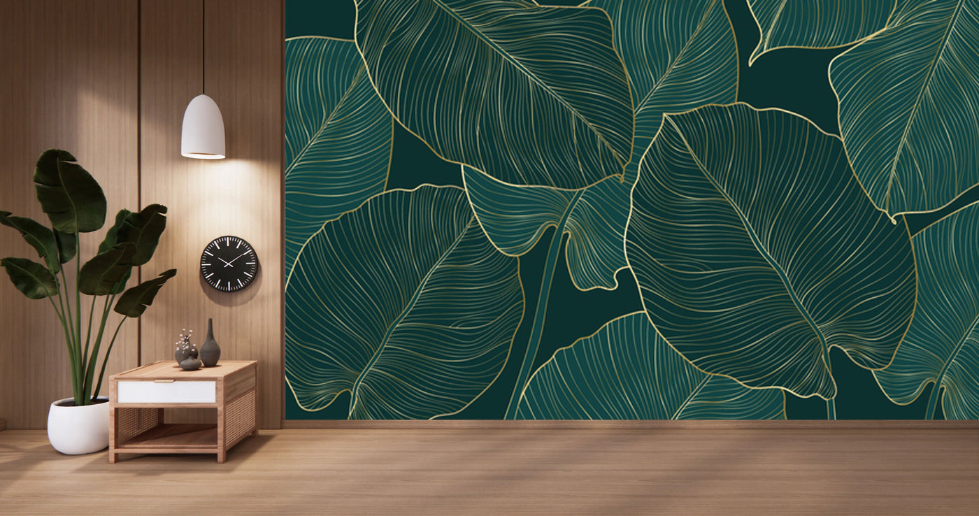 Aesthetic Green Golden Leaves Tropical Wallpaper