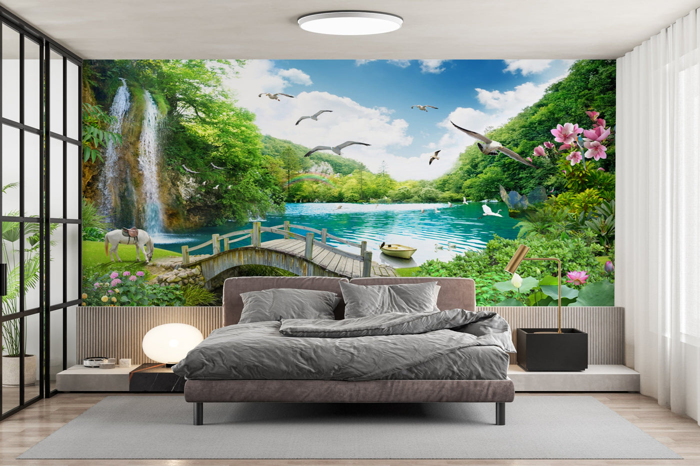 Customize Beautiful Waterfall From Mountain With Blue Shine Wallpaper