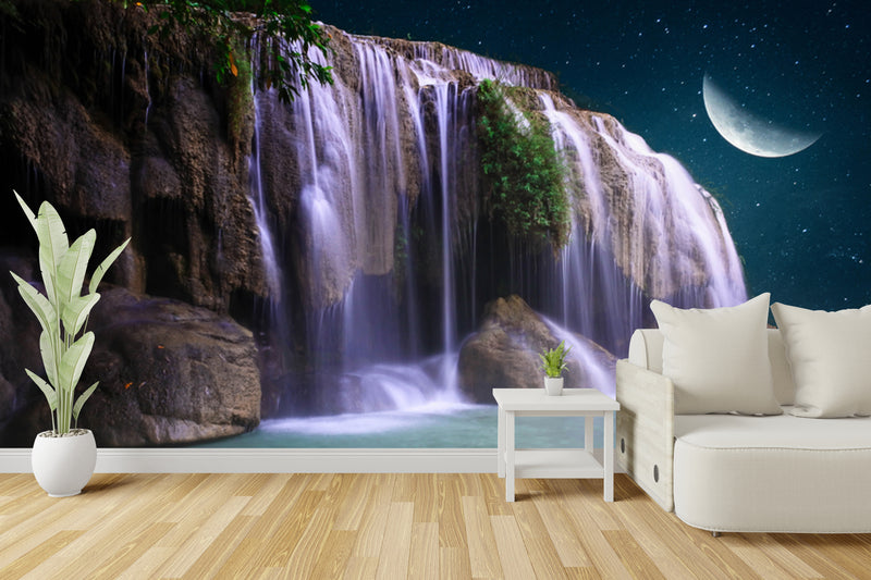 Customize Beautiful Waterfall With Moon Wallpaper