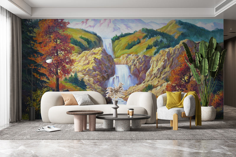 Customize Beautiful Waterfall Through Colourful Mountain Wallpaper ...