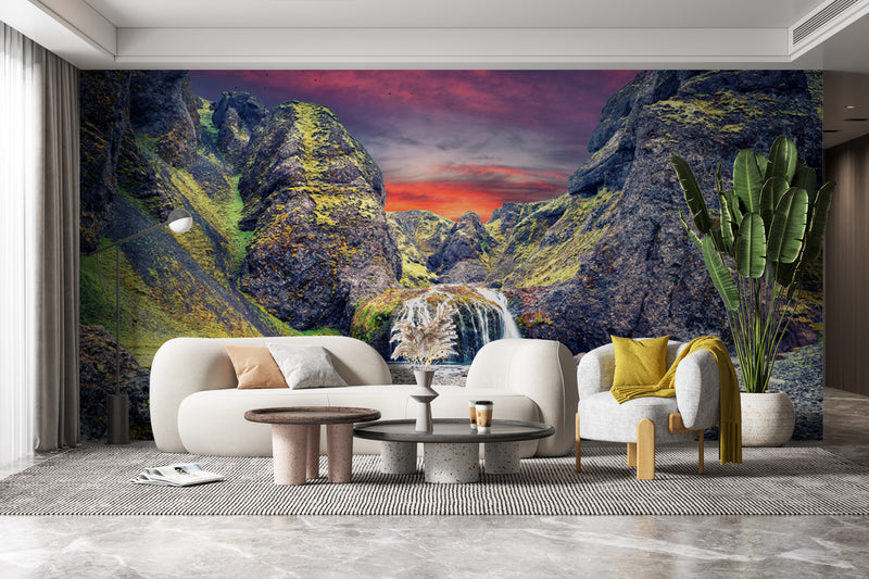 Customize Beautiful Waterfall In Sunset Wallpaper