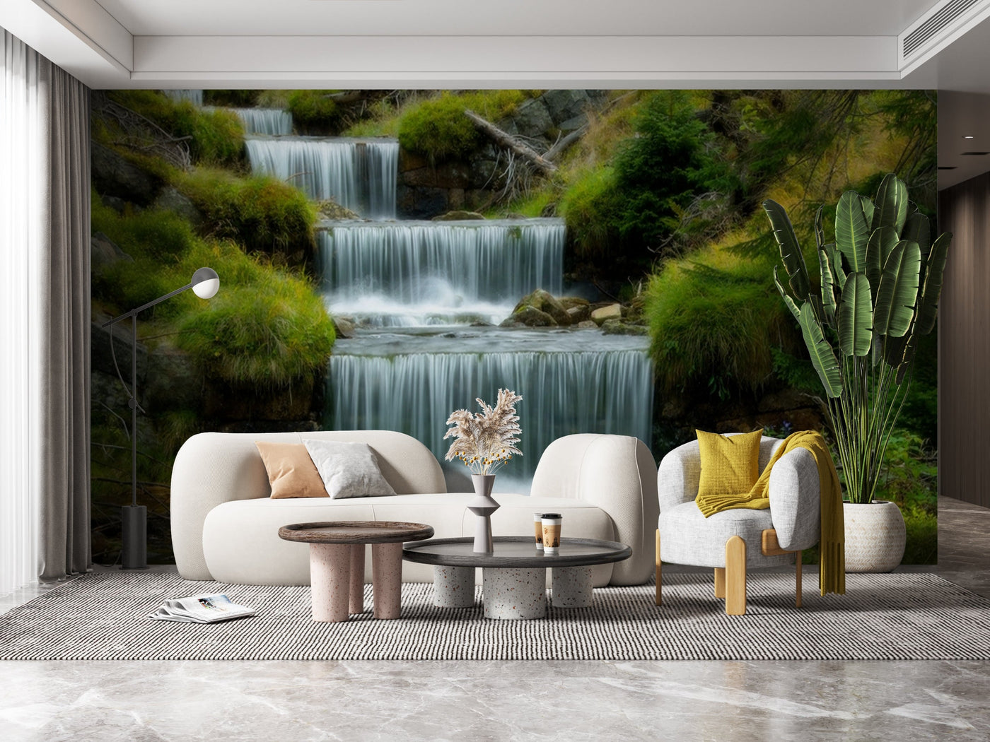 Customize Beautiful Steps Of Waterfall In Trees Wallpaper