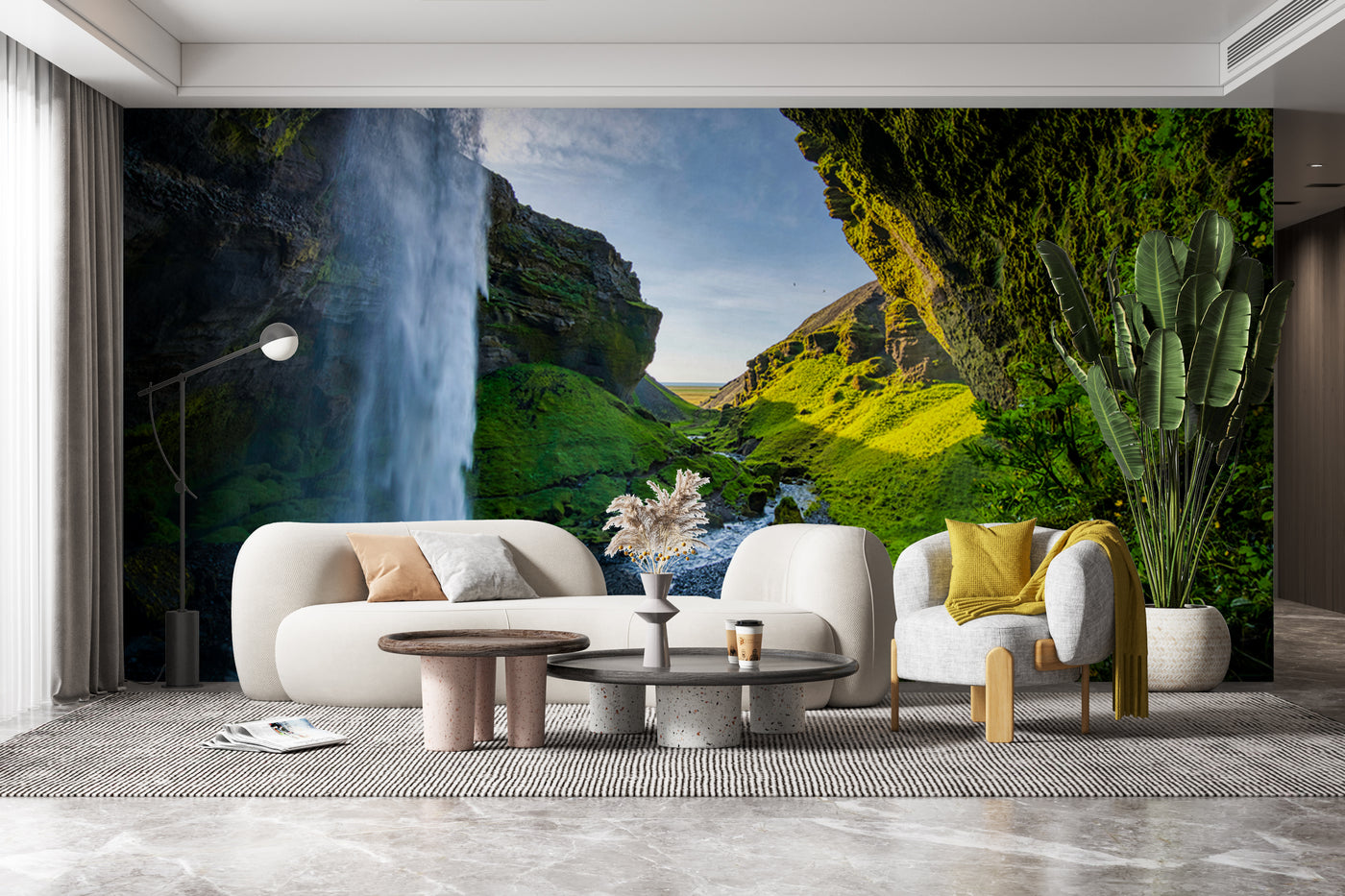 Customize Beautiful Waterfall In Green Mountain Land Wallpaper