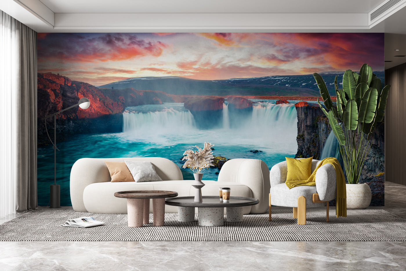 Customize Beautiful Waterfall In Orange Sky Wallpaper