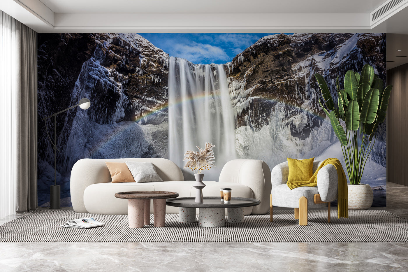 Customize Beautiful Waterfall From Mountain With Rainbow Wallpaper