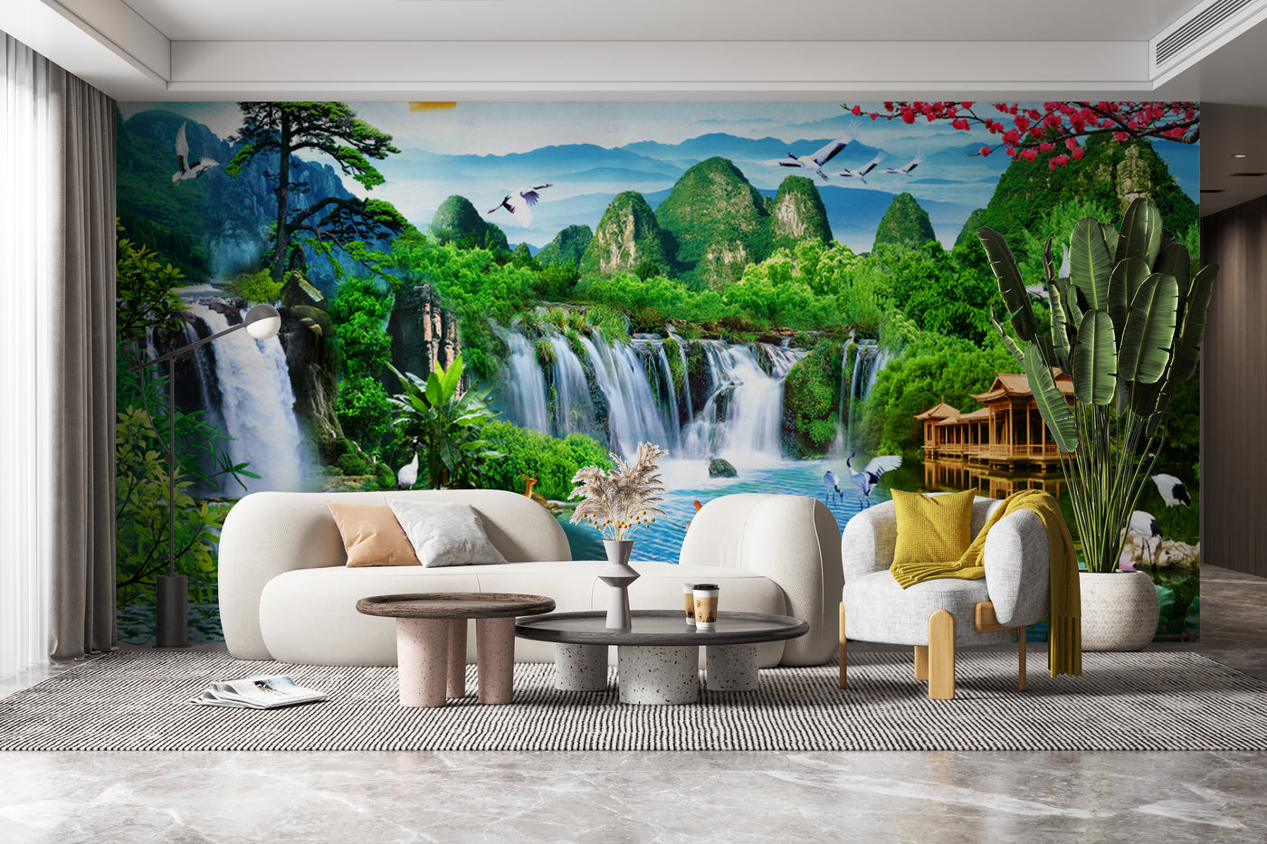 Customize Beautiful Waterfall Mountain In Green With Birds Wallpaper