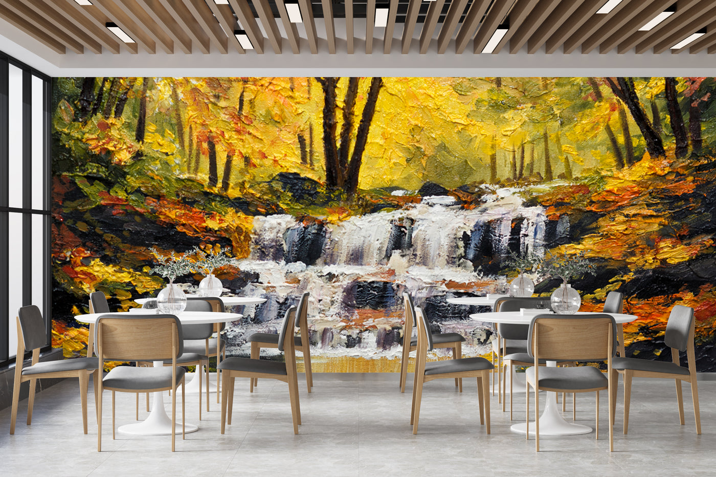 Customize Beautiful Waterfall In Yellow Forest Wallpaper