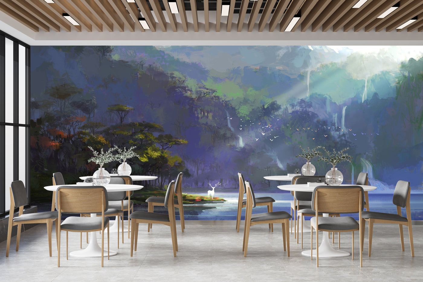 Customize Beautiful Waterfall In Blue With Deer Wallpaper