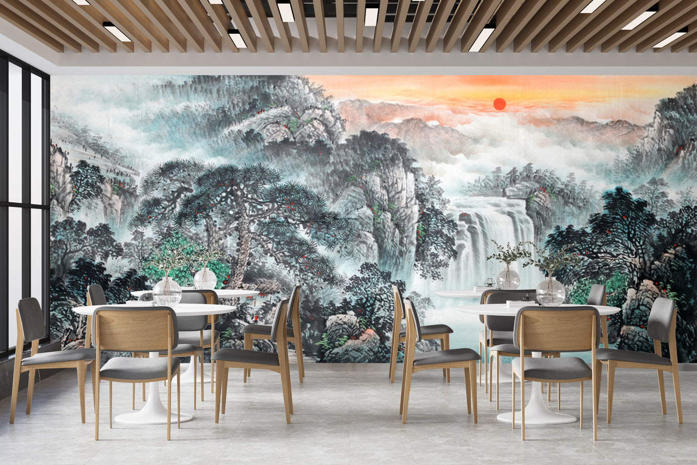Customize Beautiful Waterfall From Big Mountain With Sun Wallpaper