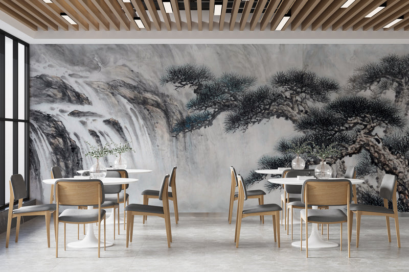 Customize Beautiful Black And White Shaded Waterfall Wallpaper