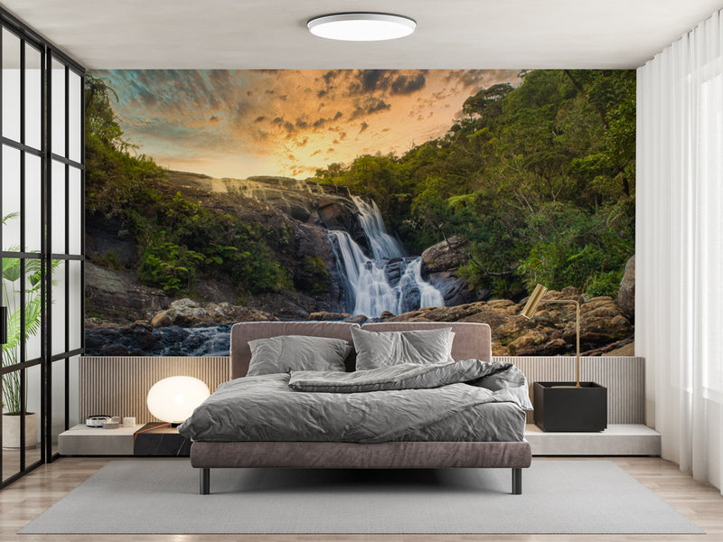 Customize Beautiful Waterfall With Sunset In Nature  Wallpaper