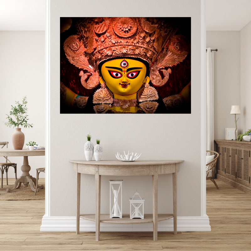 Yellow Face Durga Painting Self Adhesive Sticker Poster