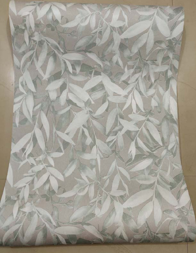 European 2 White Leaves on Grey Wallpaper Roll