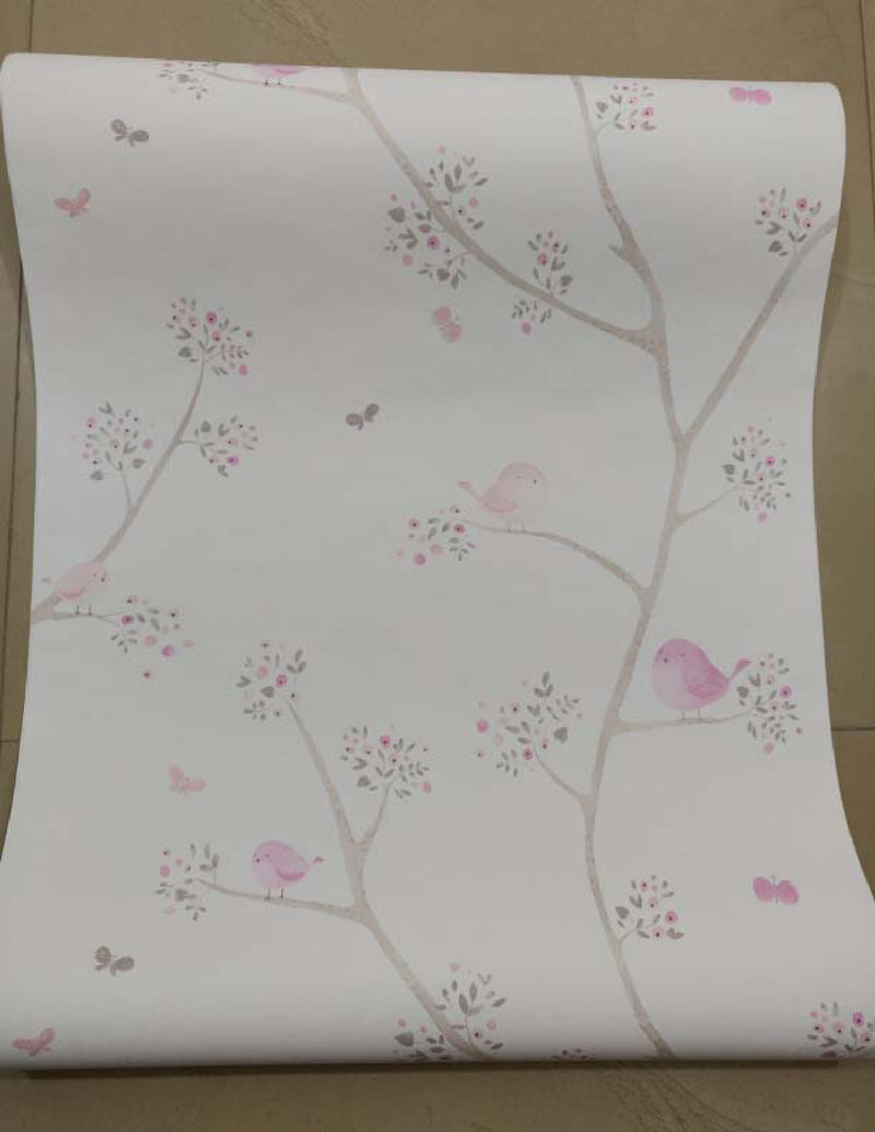 European 2 Tree Branches and Pink Bird Wallpaper Roll