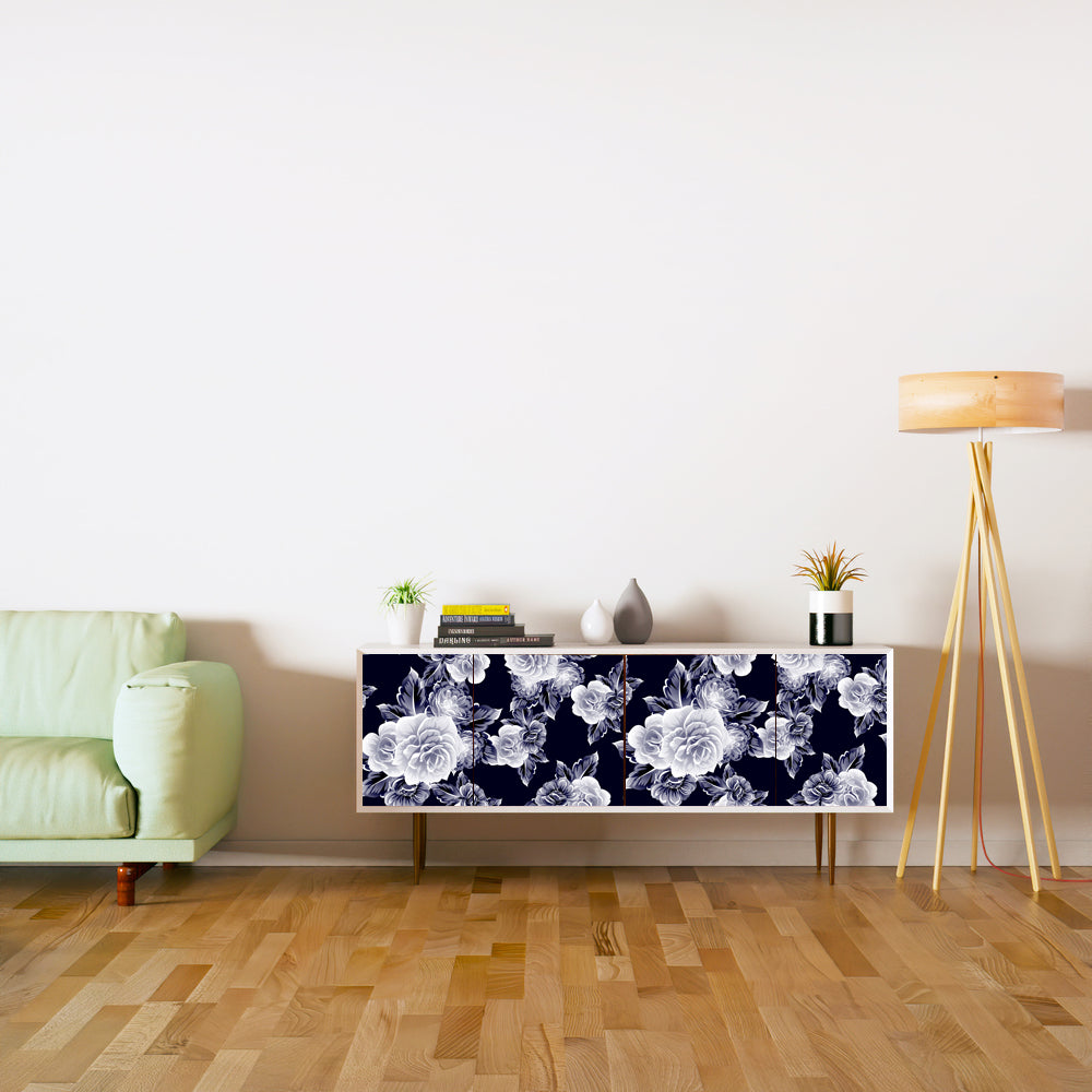 White And Blue Florals Self Adhesive Sticker For Cabinet