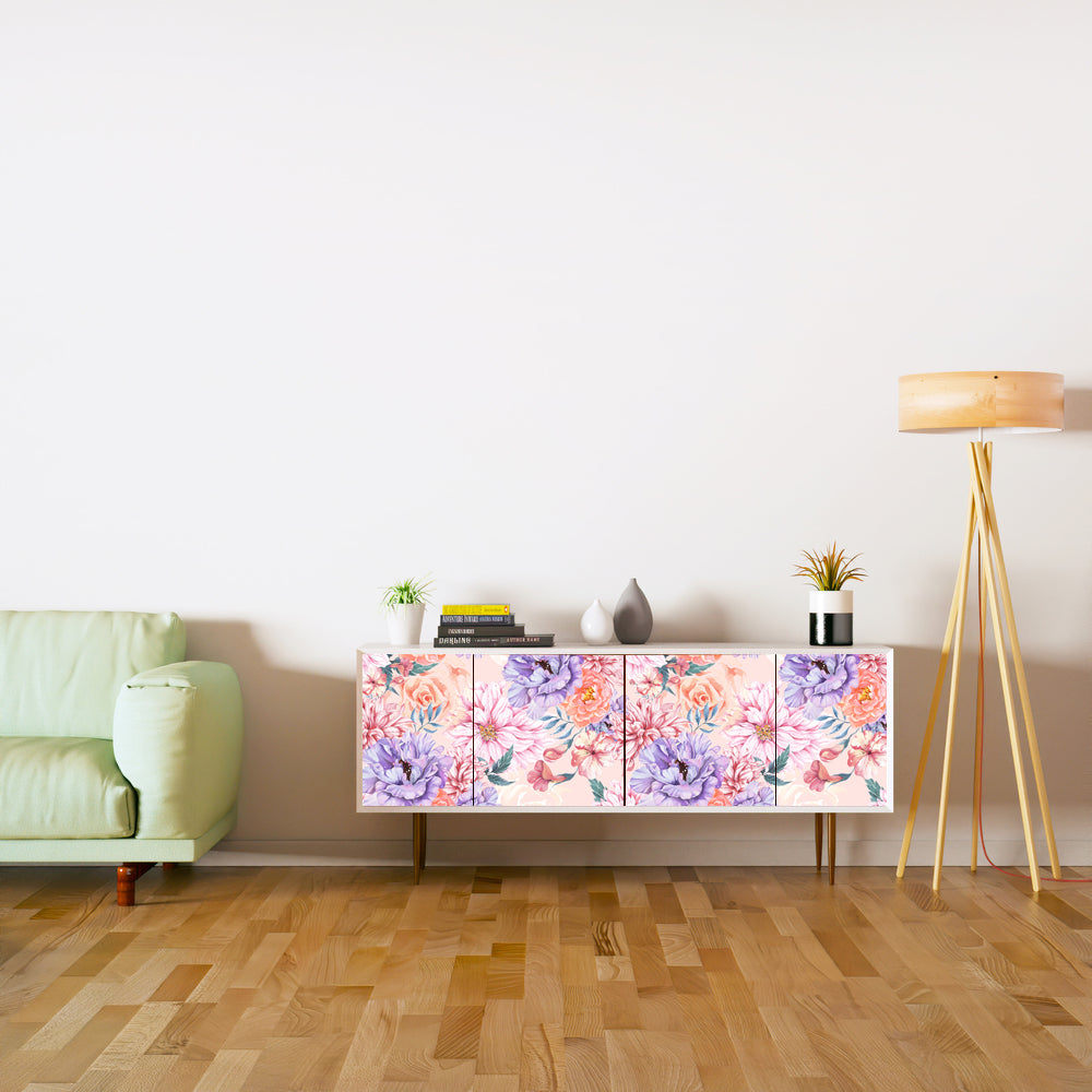 Purple And Pink Floral Self Adhesive Sticker For Cabinet