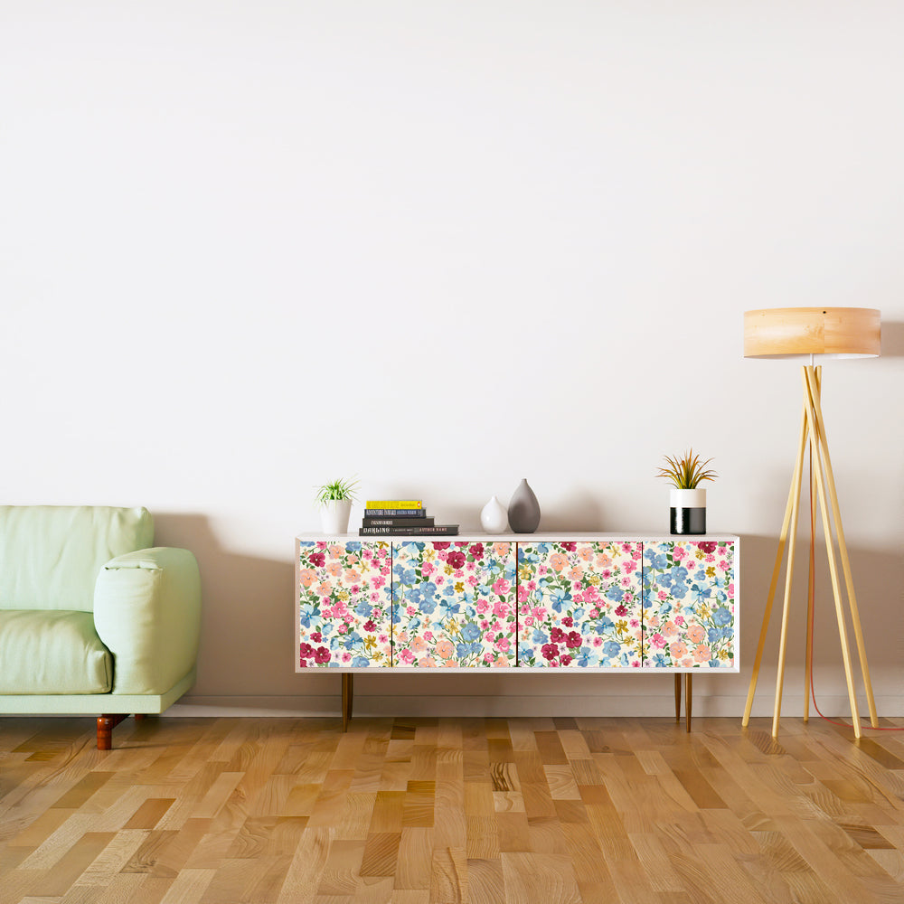 Red And Blue Floral Self Adhesive Sticker For Cabinet
