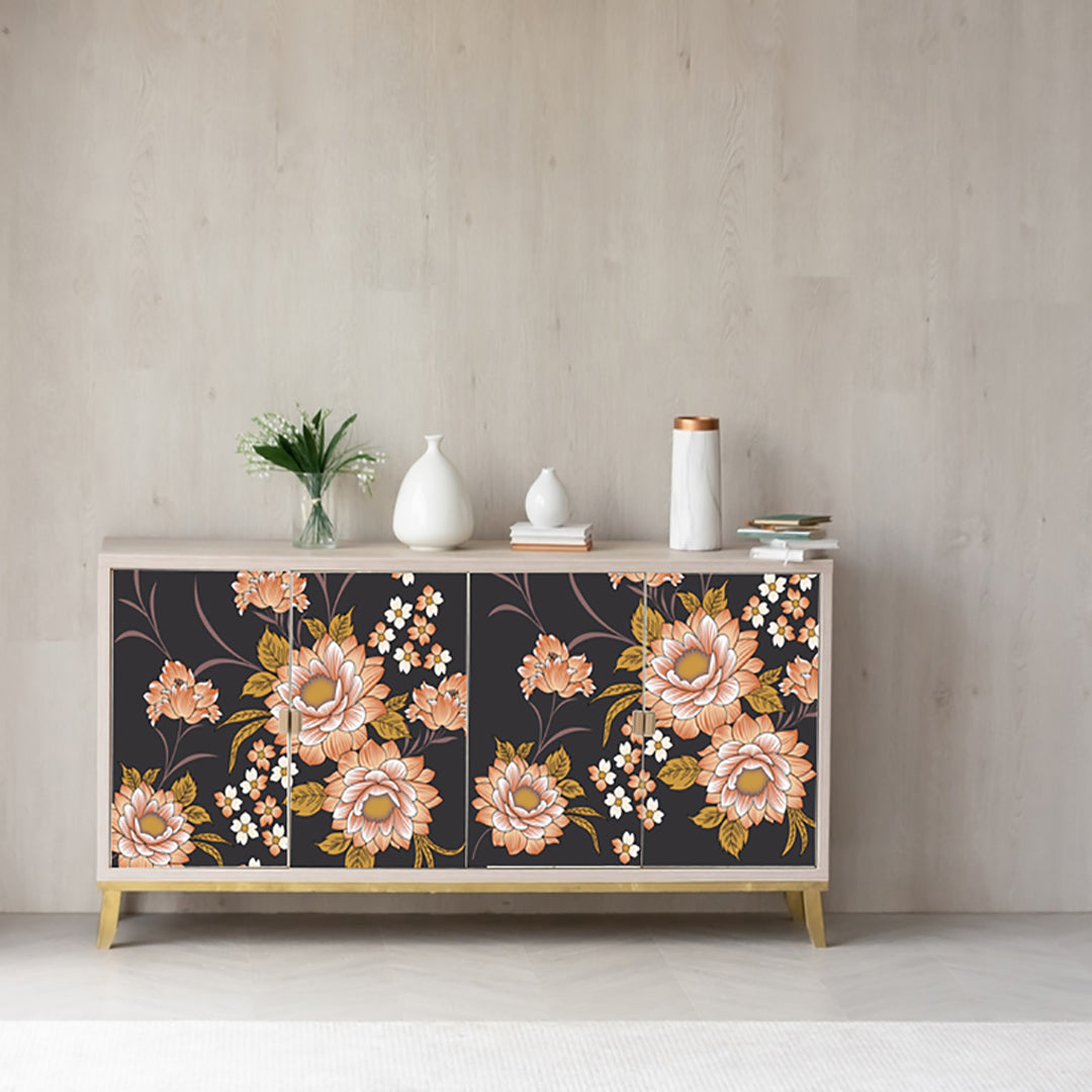 Brown And Orange Floral Self Adhesive Sticker For Cabinet