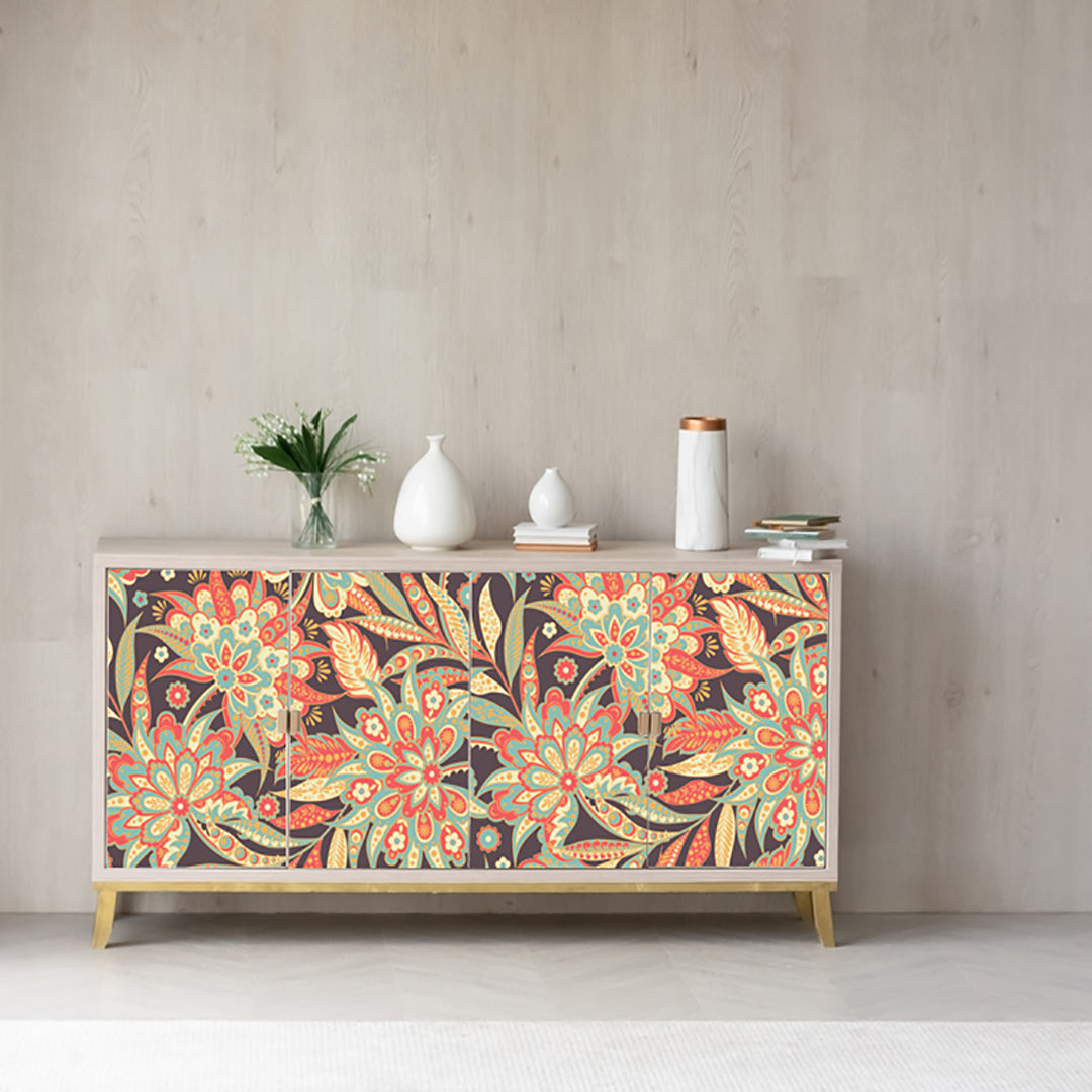 Orange And Yellow Floral Self Adhesive Sticker For Cabinet
