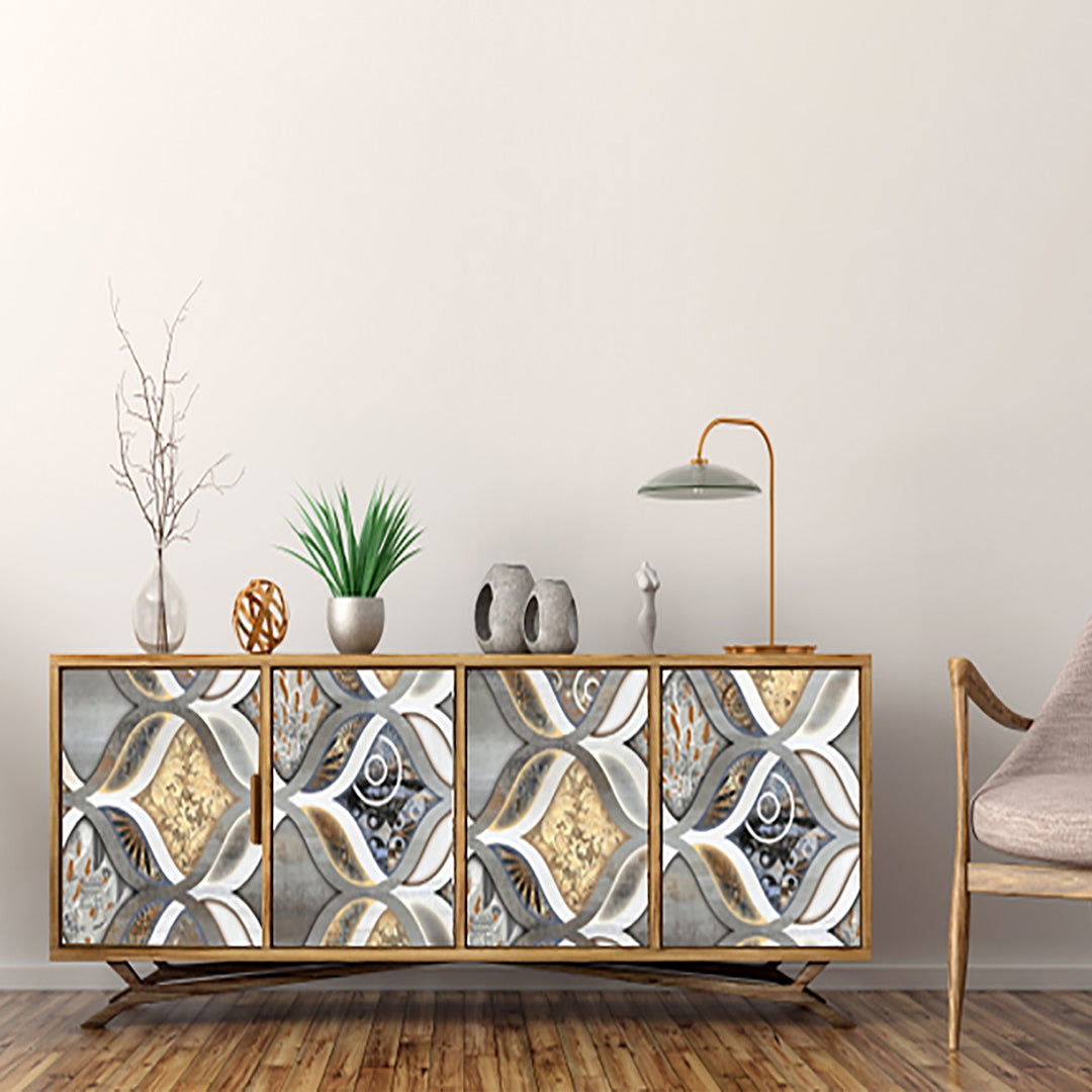 Golden Florals In White Self Adhesive Sticker For Cabinet
